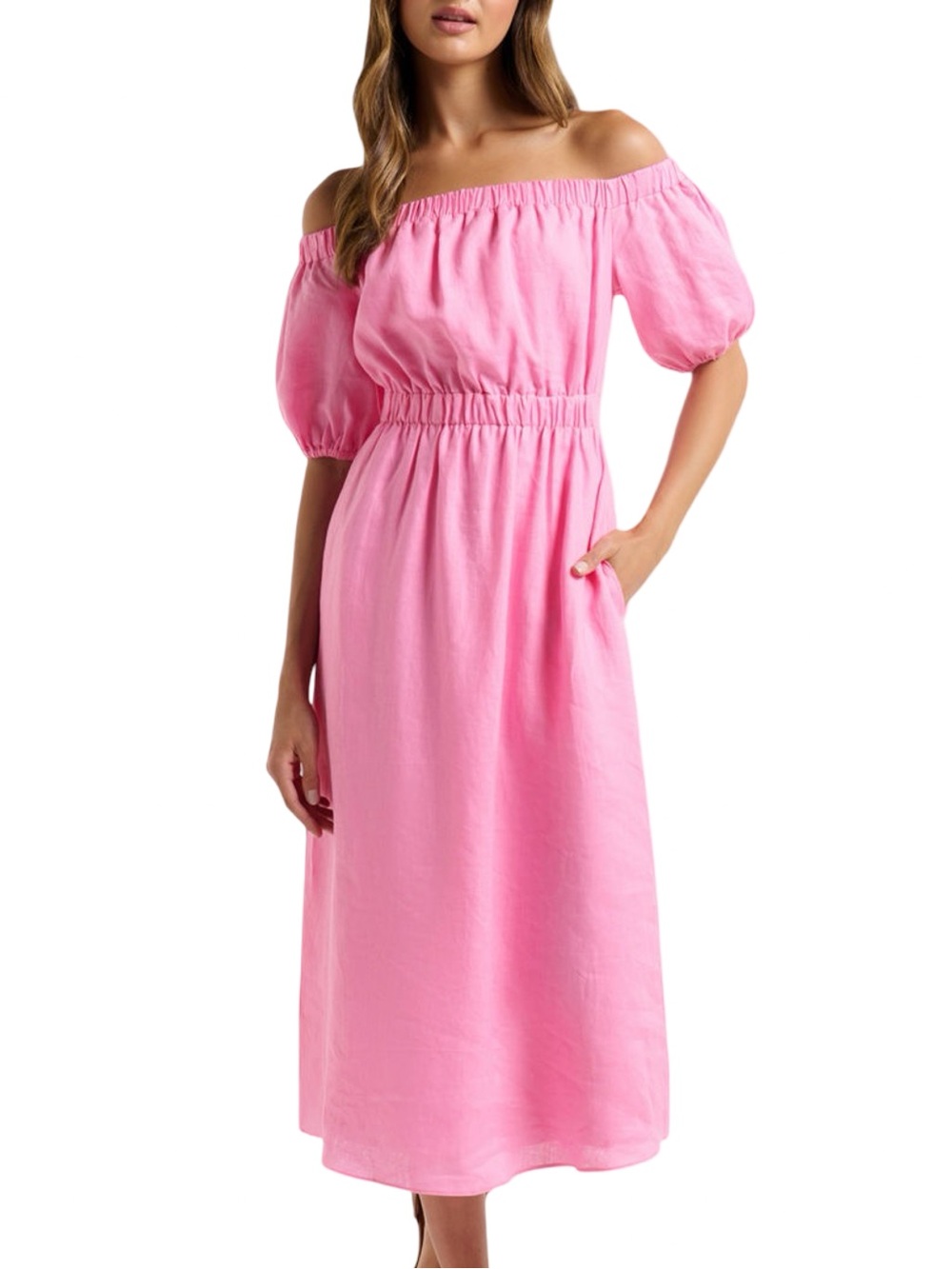 Ever New Milan 100% Linen Bright Pink Bardot Midi Dress | Off-Shoulder Open Back - Picture 4 of 13